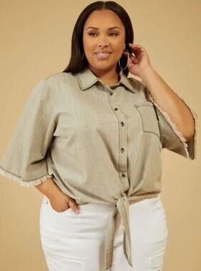 PLUS Size 28W | Tie Front Button Cotton Chambray Shirt Blouse | NEW